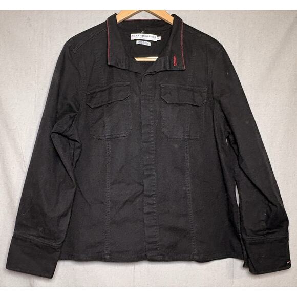 Y2K Tommy Hilfiger Jeans Black Denim Canvas Trucker Jacket Woman's Sz 1X - Picture 1 of 5
